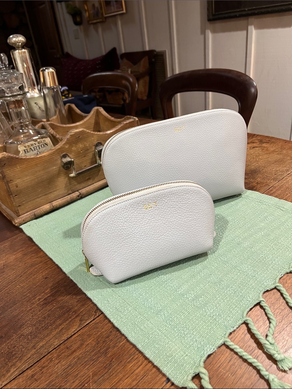 Cuyana Large and Small Grey Leather Cosmetic Pouches